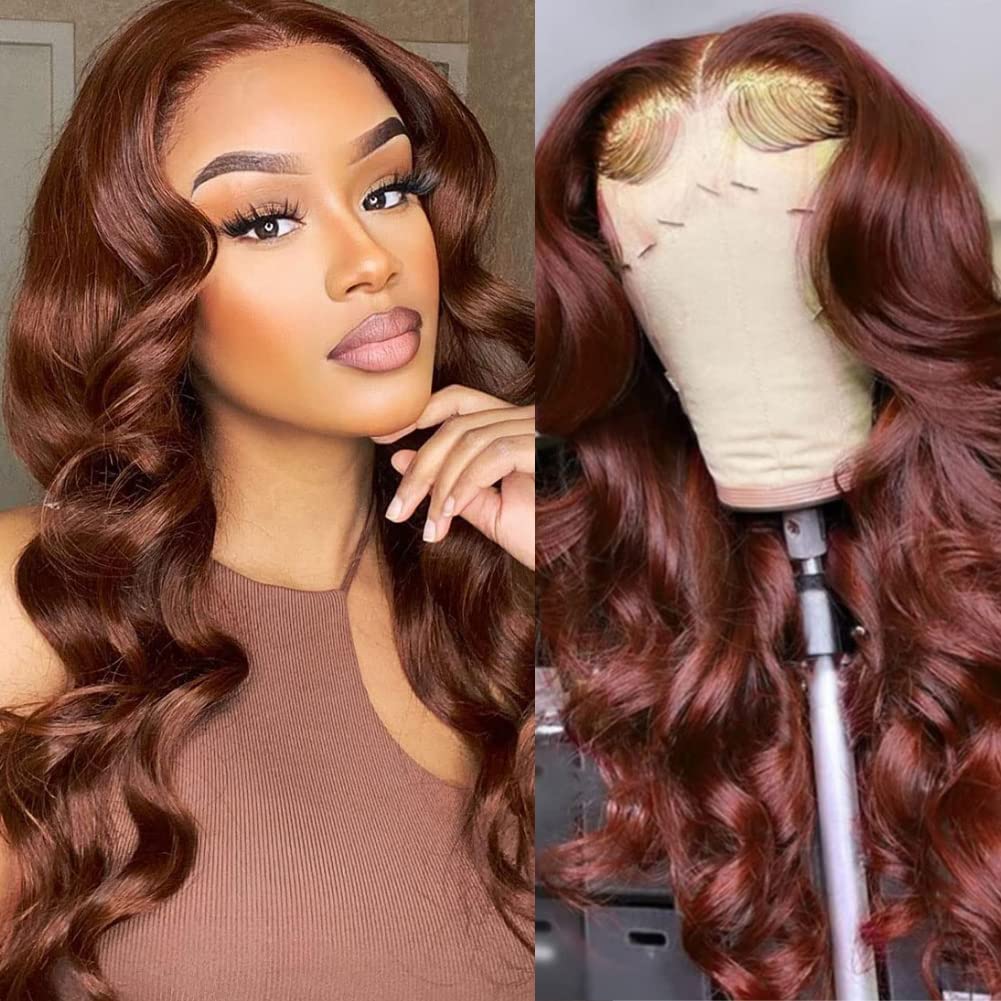 Reddish Brown 4x4 Lace Closure Human Hair Wig, Body Wave Wig, 150 Density